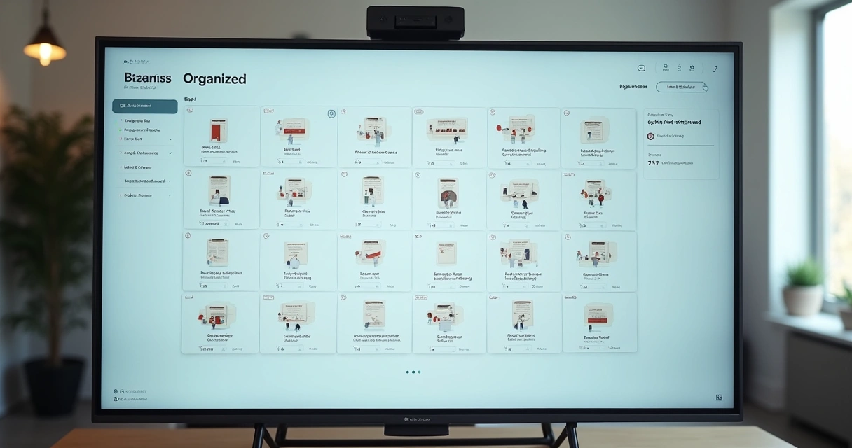 Painel digital mostrando negócios de vendas organizados em um painel com vários cartões, cada um representando um cliente, fundo claro, atmosfera de escritório brasileiro.