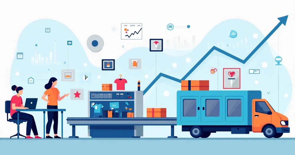 Ilustração corporativa mostrando vendedores e plataformas digitais integradas com produtos personalizados sendo enviados automaticamente 