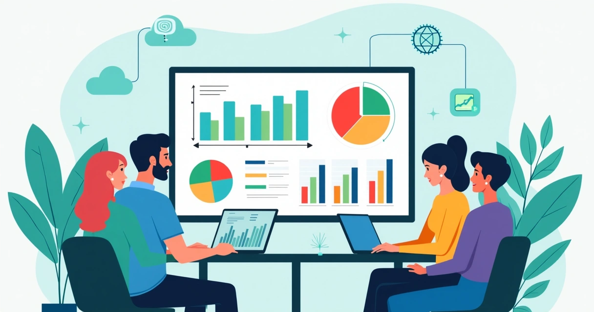 Ilustração corporativa mostrando equipe de vendas SaaS utilizando dados em gráficos e computadores para aumentar vendas 