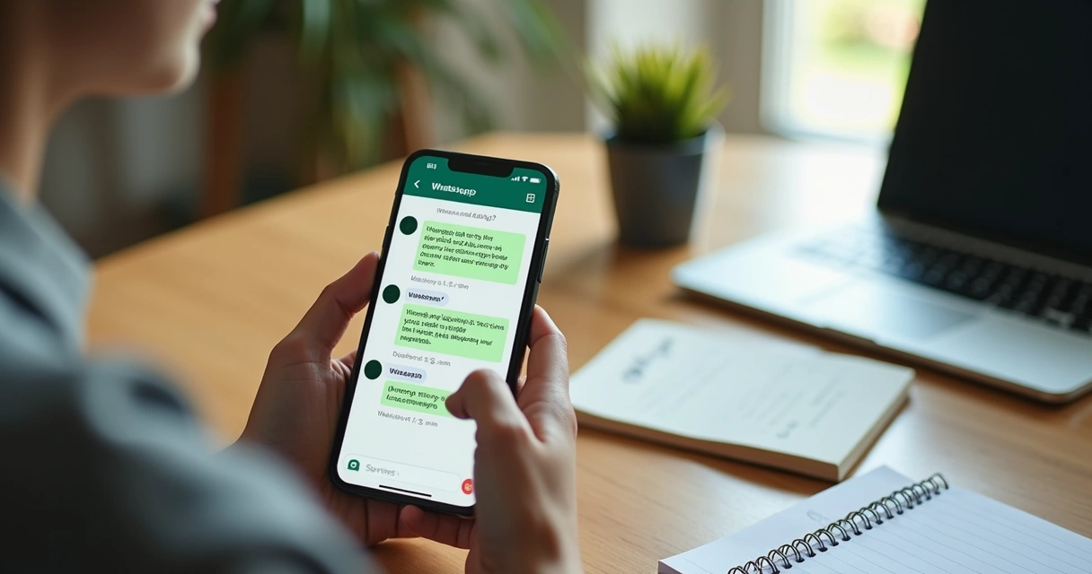 Pessoa usando smartphone com tela do WhatsApp aberta mostrando conversa sobre serviço digital, em mesa com anotações e laptop ao fundo 