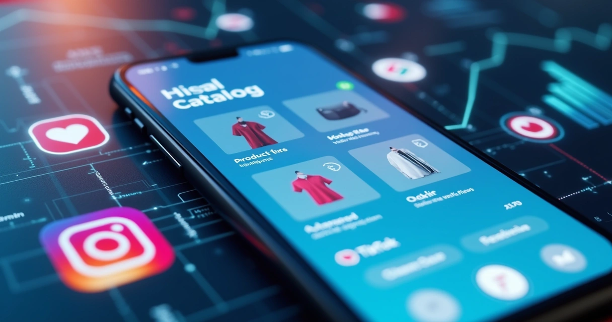 Tela de celular mostrando vendas e interações em redes sociais com elementos de catálogo, links e mensagens de atendimento 