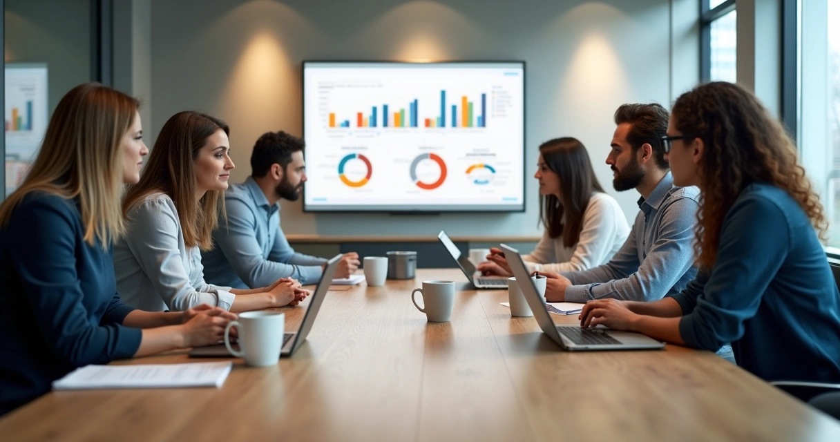 Equipe de vendas em reunião sobre propostas digitais 
