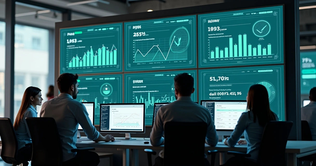 Equipe de vendas acompanhando gráficos de vendas em tempo real em painéis digitais WhatsApp. 