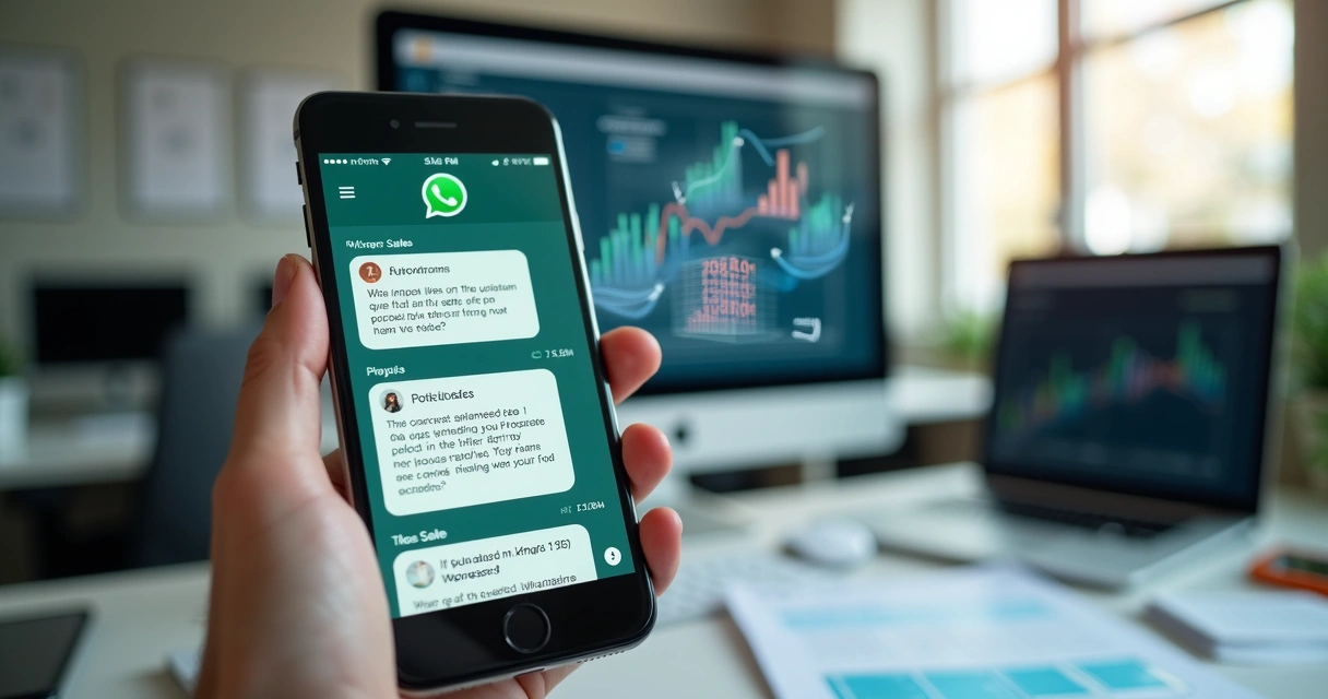 Tela de smartphone mostrando conversa ativa no WhatsApp com interface de automação de vendas e gráficos de crescimento ao fundo 