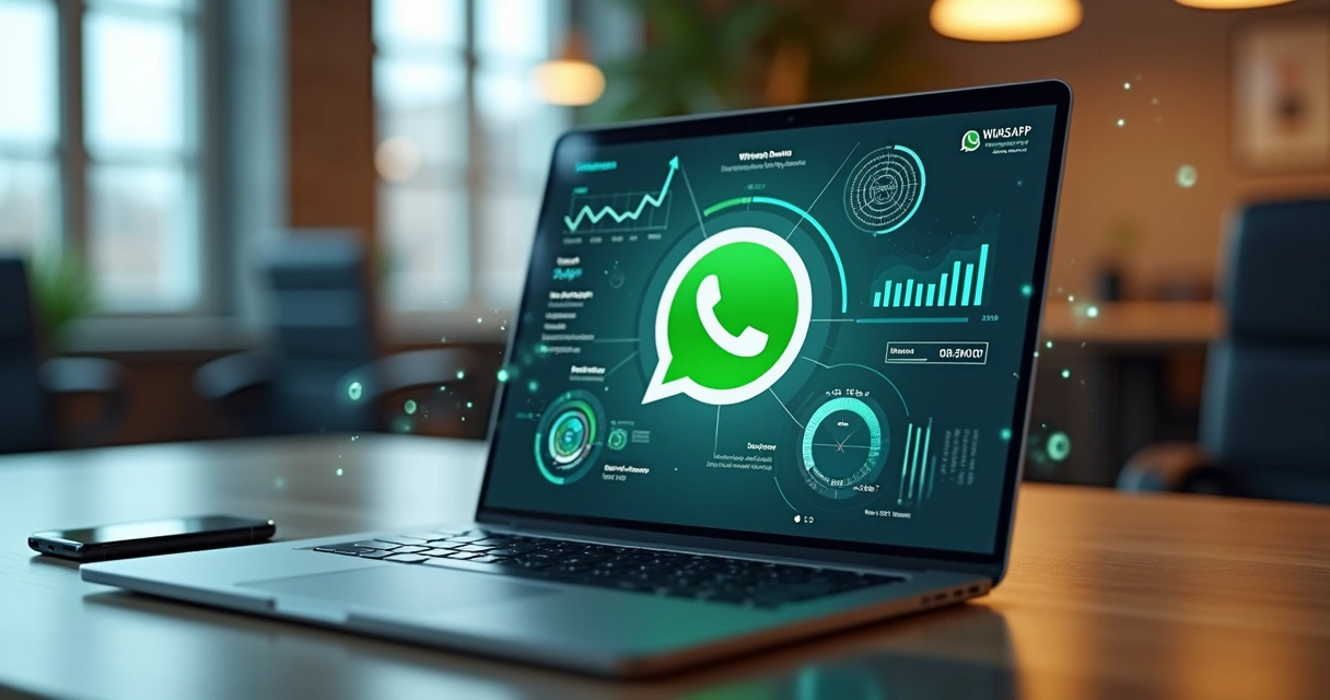 Mesa de escritório com laptop aberto exibindo tela de WhatsApp Business e gráficos de vendas ao redor 