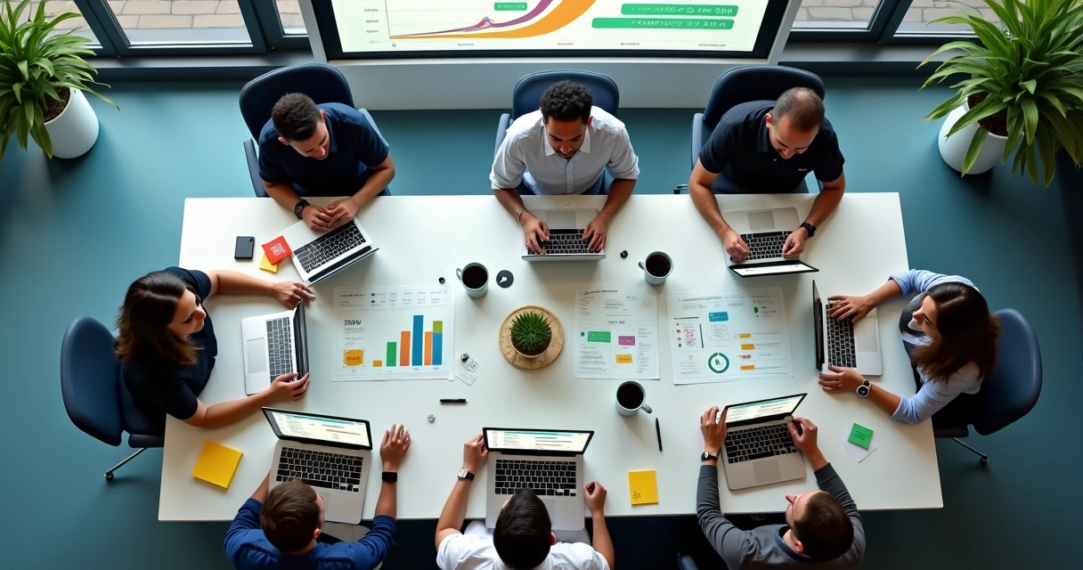Equipe de vendas analisando resultados em tela com gráficos de WhatsApp IA 