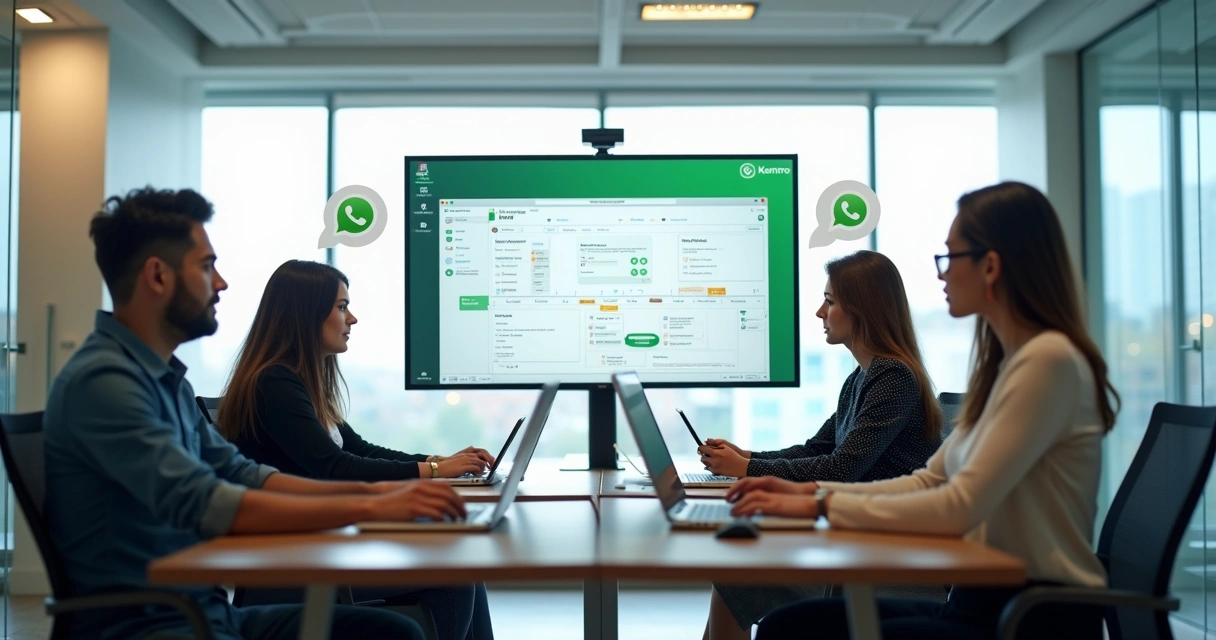 Equipe de vendas trabalhando no WhatsApp com Kommo na tela 