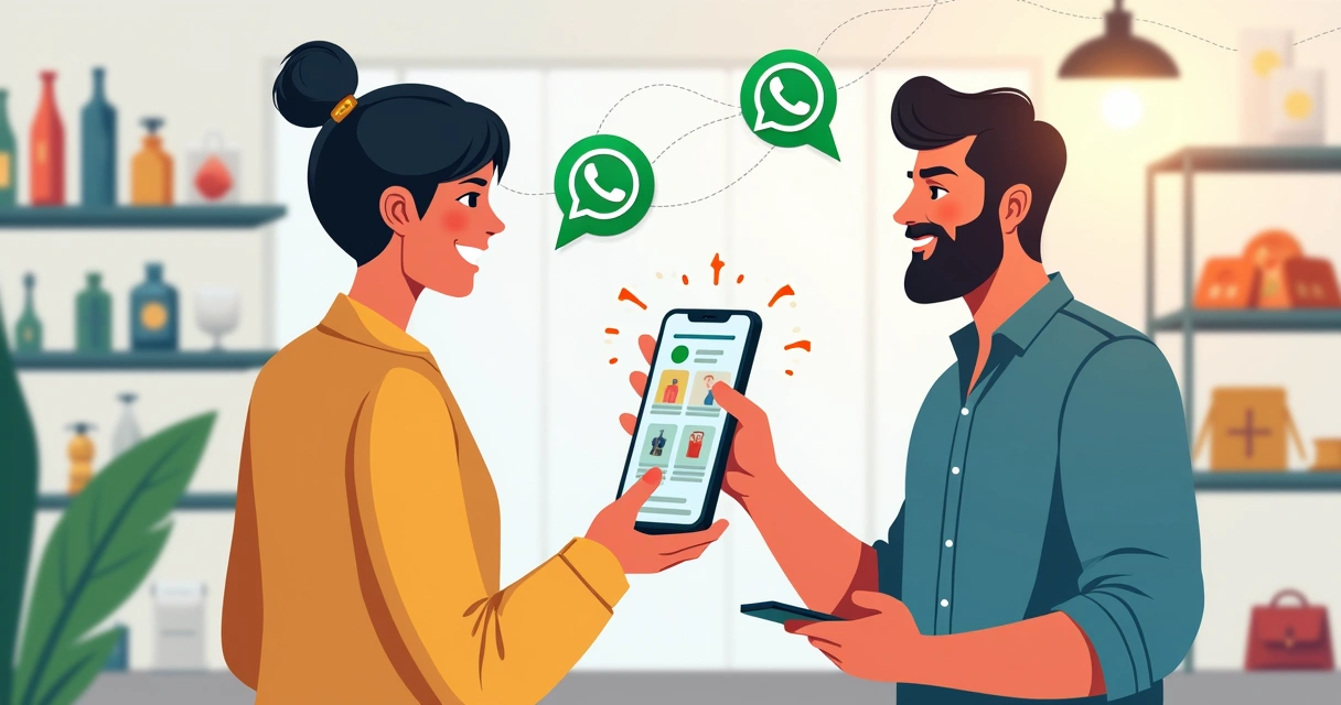 Ilustração corporativa mostrando lojista pequeno negócio atendendo cliente via smartphone com catálogo digital no WhatsApp 