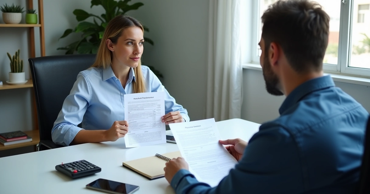 Vendedor mostrando proposta ajustada em reunião com cliente