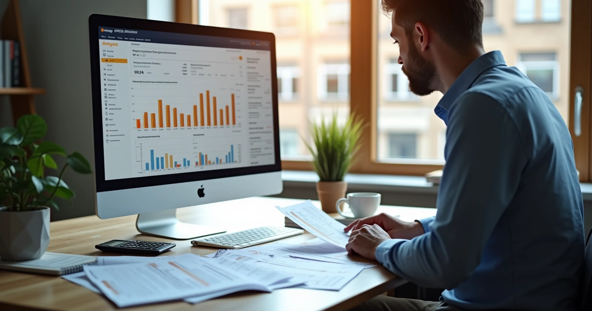 Pessoa analisando notas fiscais e planilhas em frente a um computador com tela mostrando vendas na Amazon 