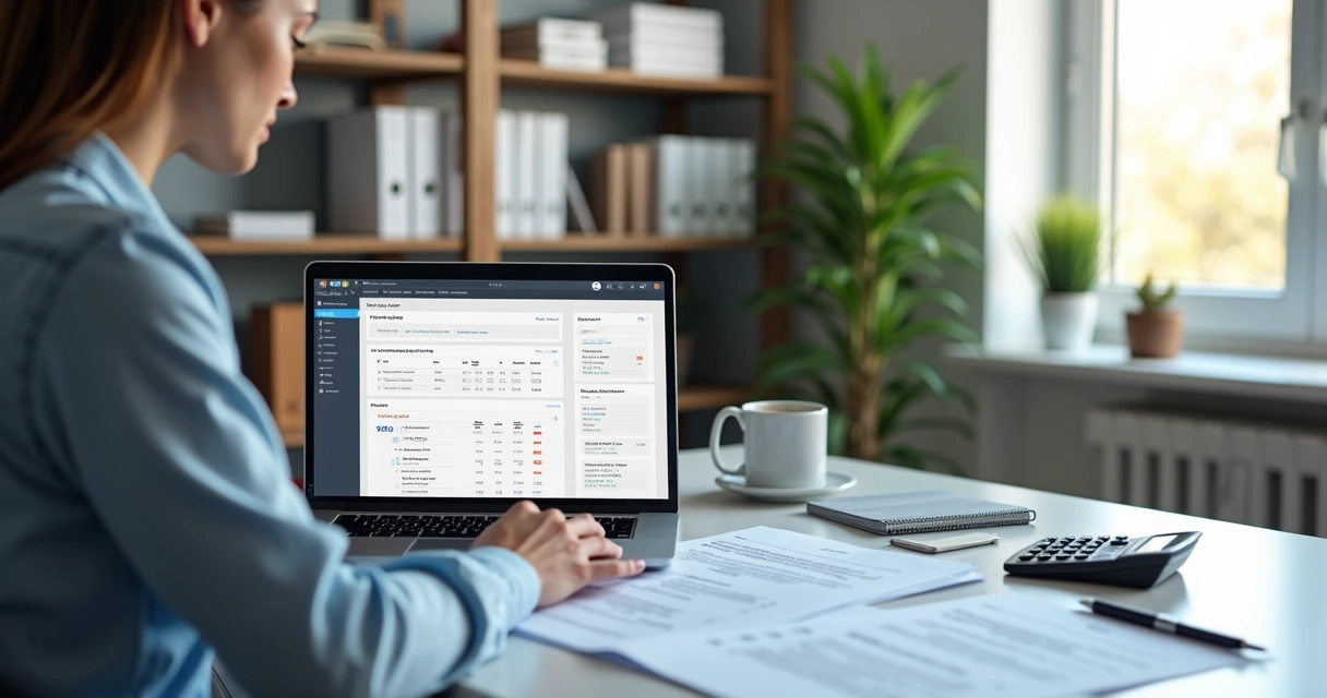 Vendedor conferindo documentos fiscais ao lado de um laptop com site da Amazon aberto 