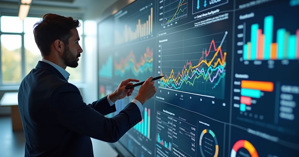 Vendedor analisa dados de vendas em tela digital 