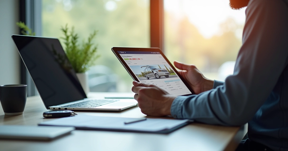Homem segurando tablet analisa relatório de veículo 