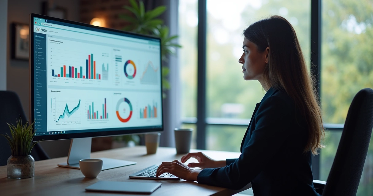 Profissional de vendas analisando relatórios e funil no CRM em tela widescreen 