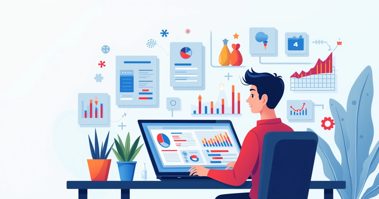 Vendedor analisando dados de vendas em laptop com gráficos de desempenho e concorrência na tela 