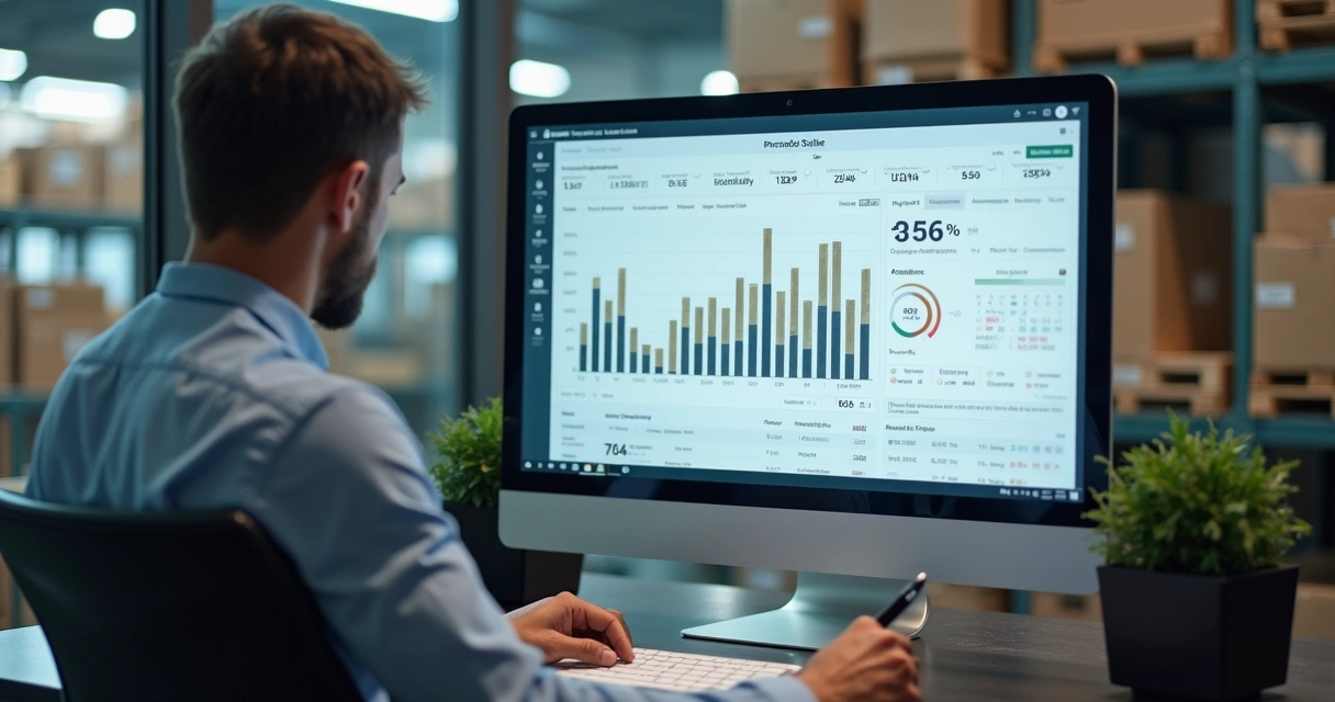 Vendedor analisando painel de controle com gráficos de vendas 