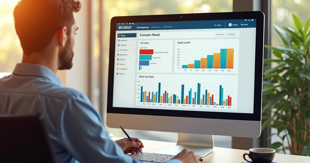 Vendedor olhando relatório de vendas simples no computador 