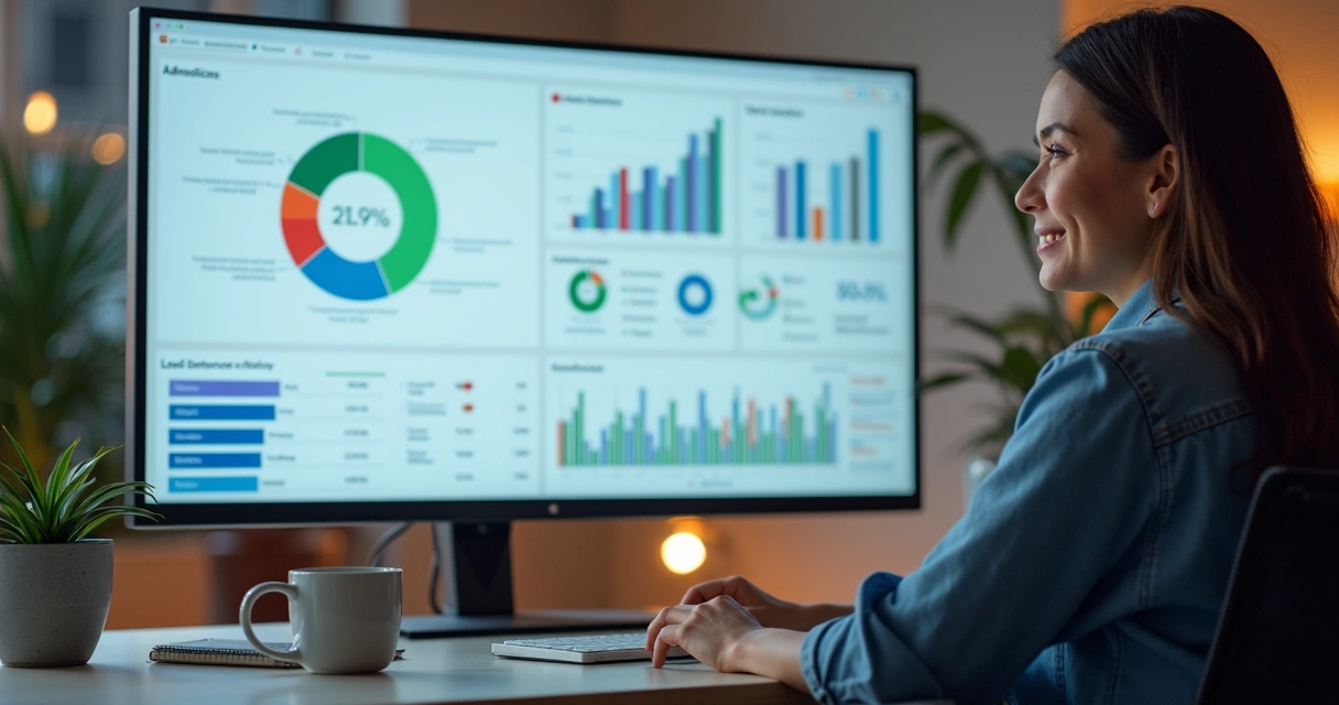 Pessoa analisando dashboards de vendas digitais em tela grande 