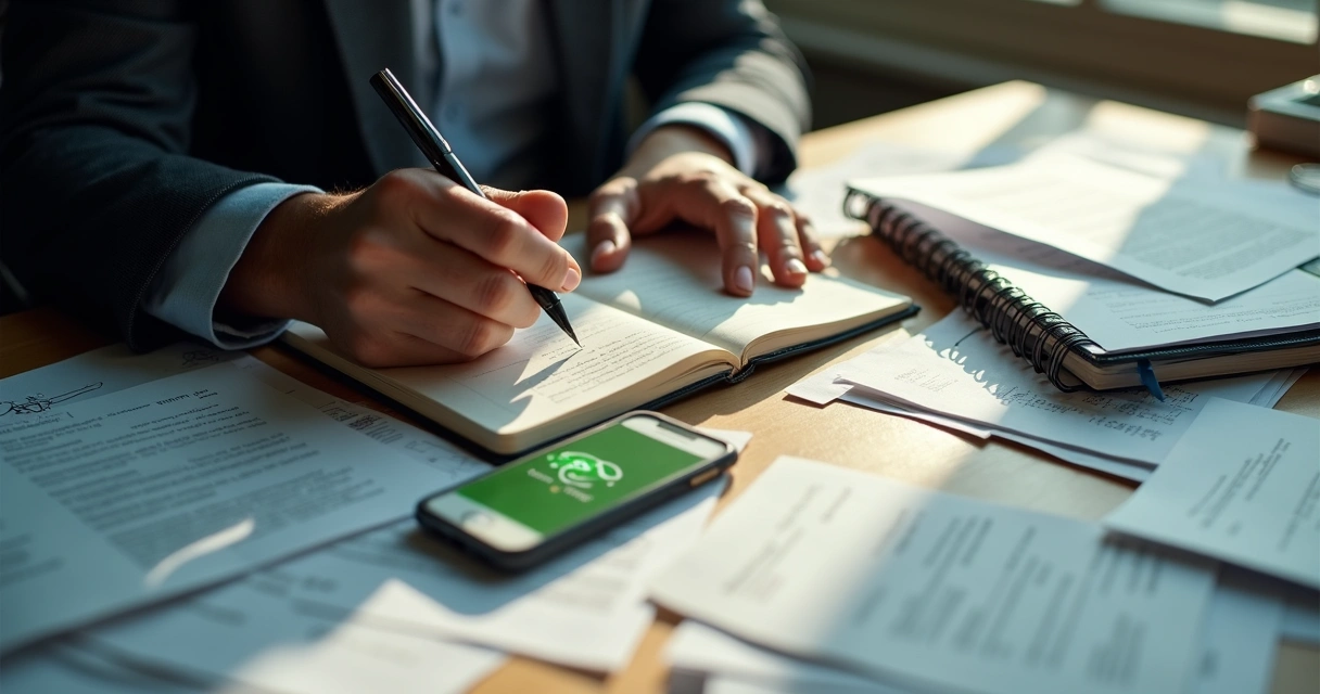 Pessoa escrevendo informações de clientes em um caderno, rodeada de papéis, celular ao lado 