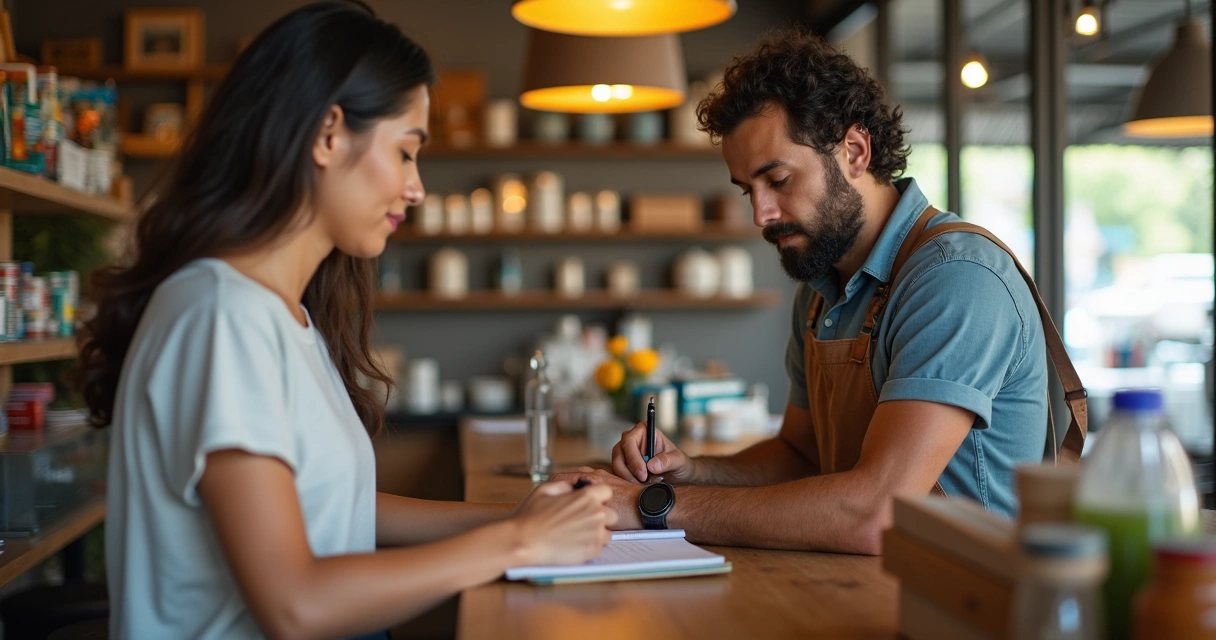 Vendedor anotando pedido em caderno enquanto conversa com cliente 