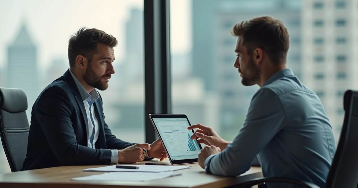Vendedor utilizando tecnologia de sales enablement durante visita a cliente 