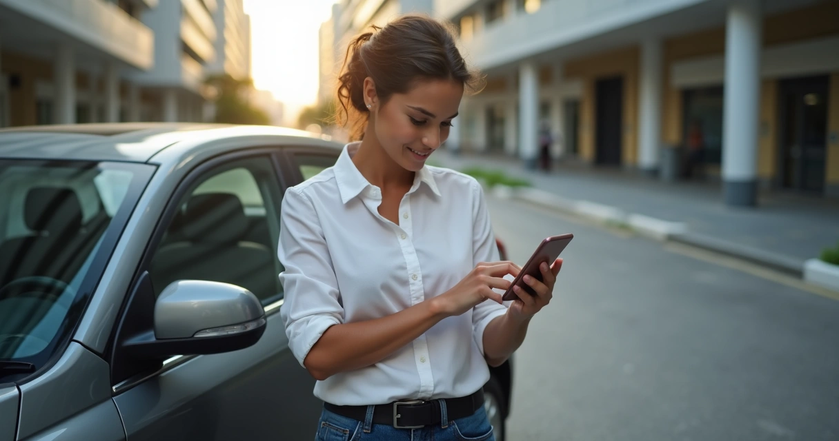 Salesperson consulting CRM on mobile before a client visit