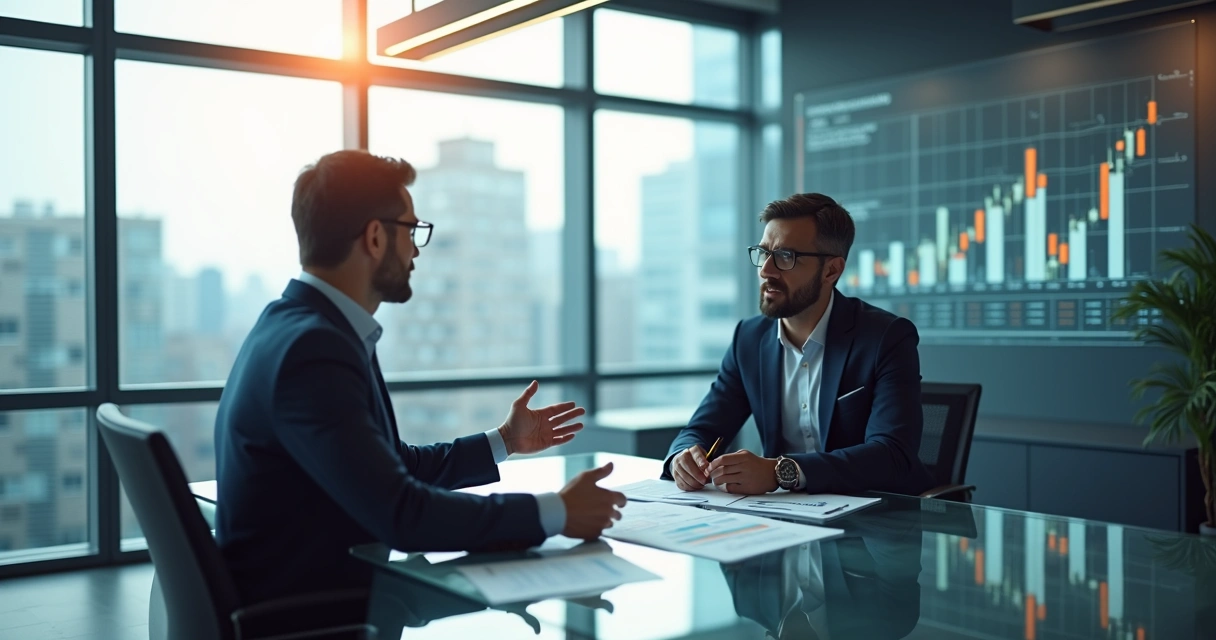 Profissional apresentando proposta personalizada de BPO Financeiro em reunião de negócios com cliente atento 