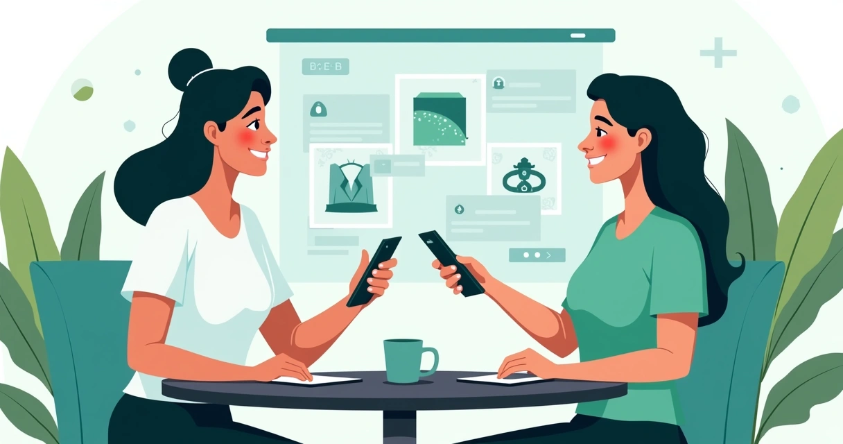 Vendedor compartilhando link de catálogo digital para cliente, ambos sorrindo e com telas de produtos ao fundo
