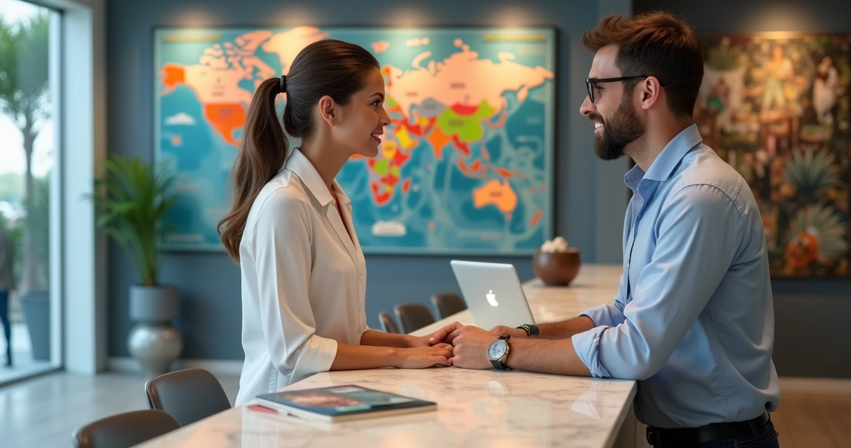 Vendedor de agência de viagens explicando pacote para cliente em balcão 