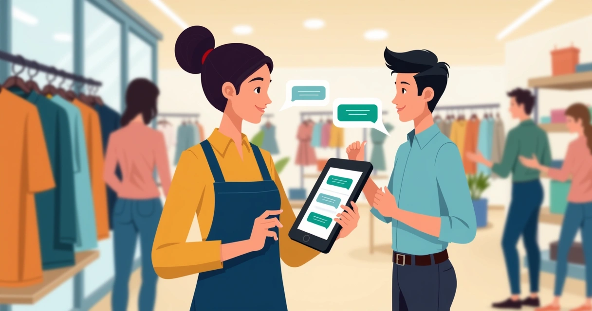 Vendedor em loja física atendendo clientes via WhatsApp em tablet 
