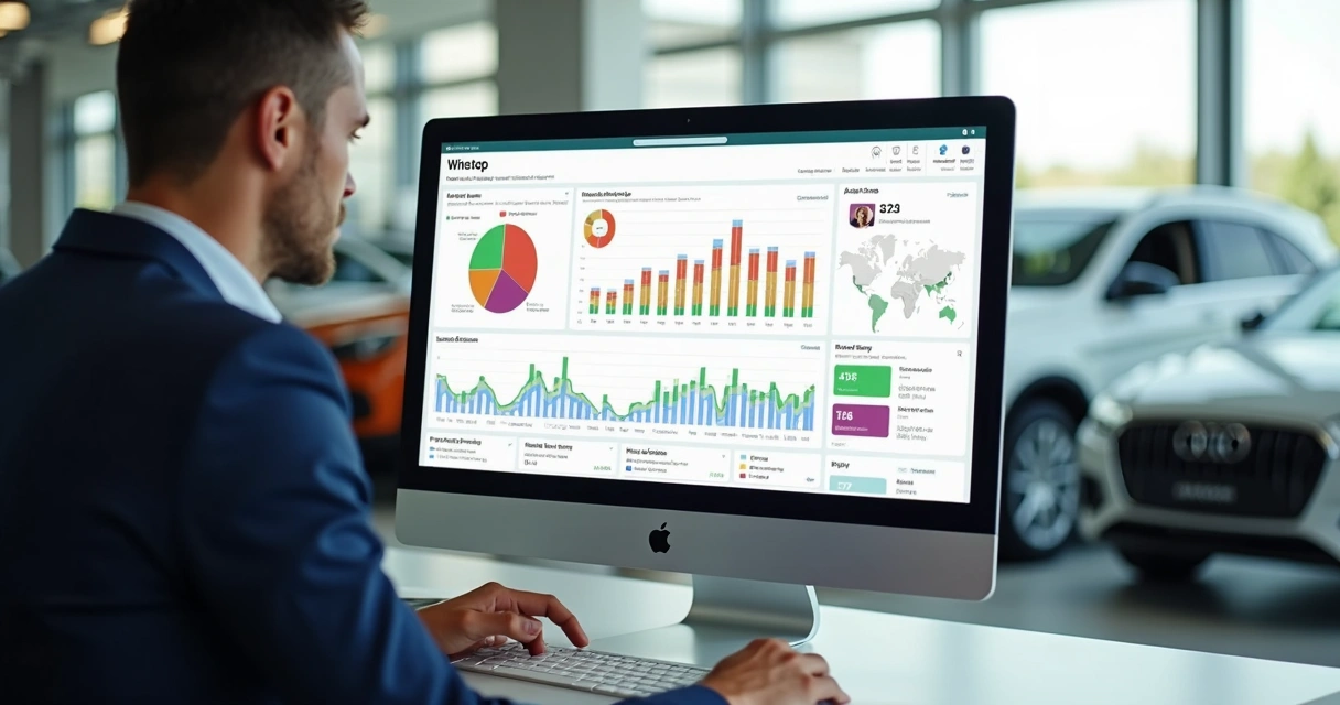 Vendedor de concessionária analisando relatórios de atendimento por IA no WhatsApp 