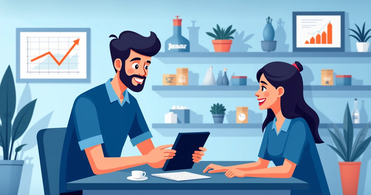Vendedor B2B mostra catálogo inteligente em tablet para cliente em reunião