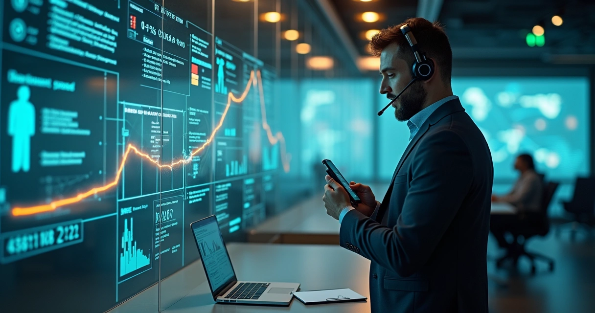 Profissional de vendas B2B ao telefone com interface digital de decisão rápida ao fundo 