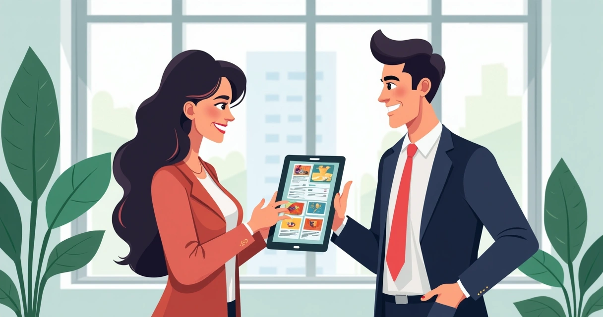 Vendedor B2B mostrando catálogo digital para cliente