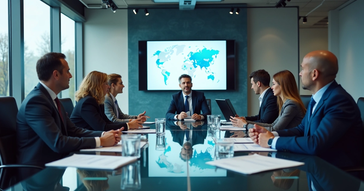 Equipe de vendas B2B em reunião com cliente em sala de reuniões moderna 
