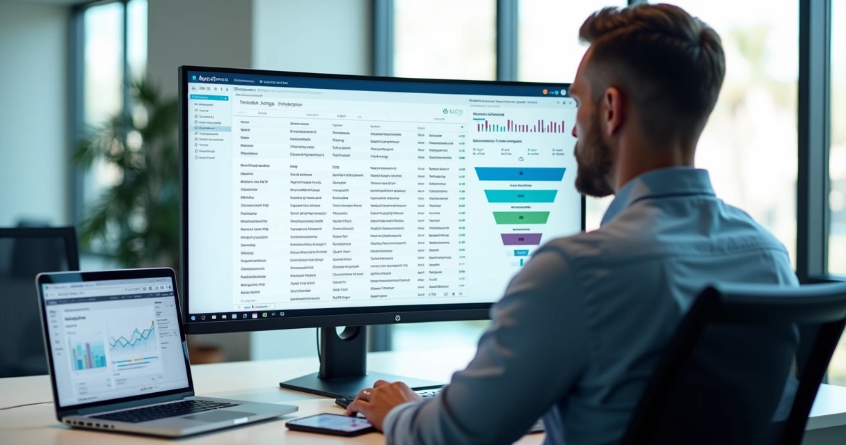 Profissional analisando lista de leads B2B em tela com funil de vendas ao fundo 