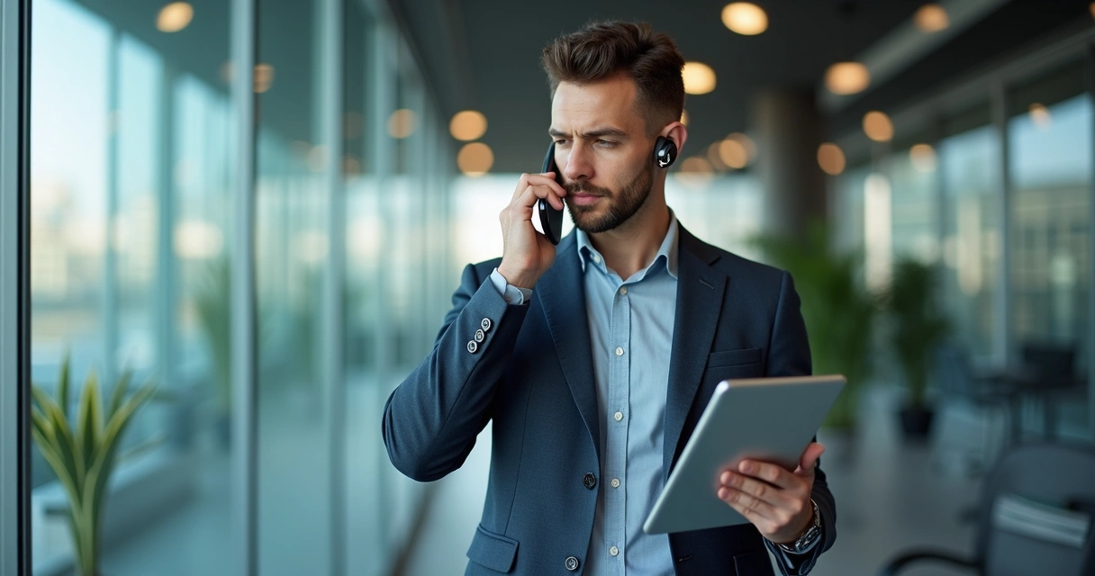 Vendedor B2B inovador utilizando telefone e tablet ao mesmo tempo. 