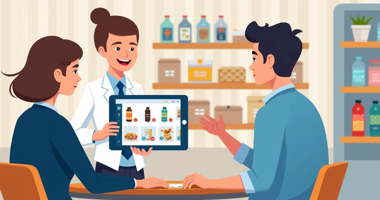 Vendedor mostrando catálogo digital para cliente B2B