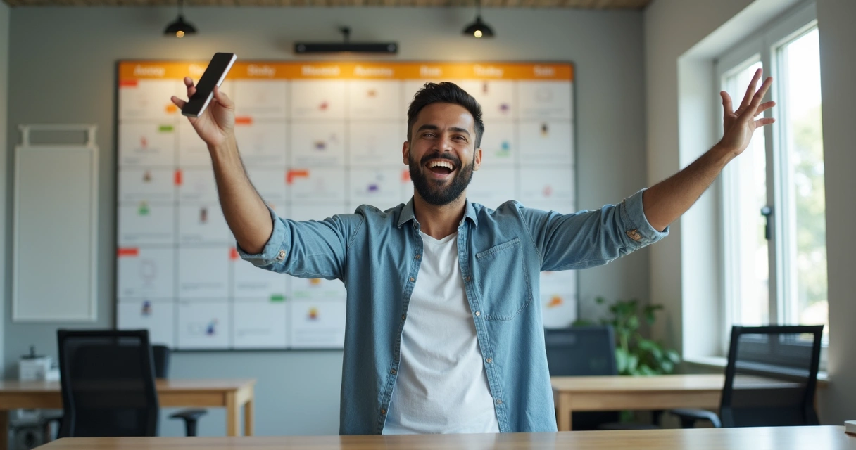 Vendedor brasileiro sorrindo comemorando o alcance da meta diária de vendas 