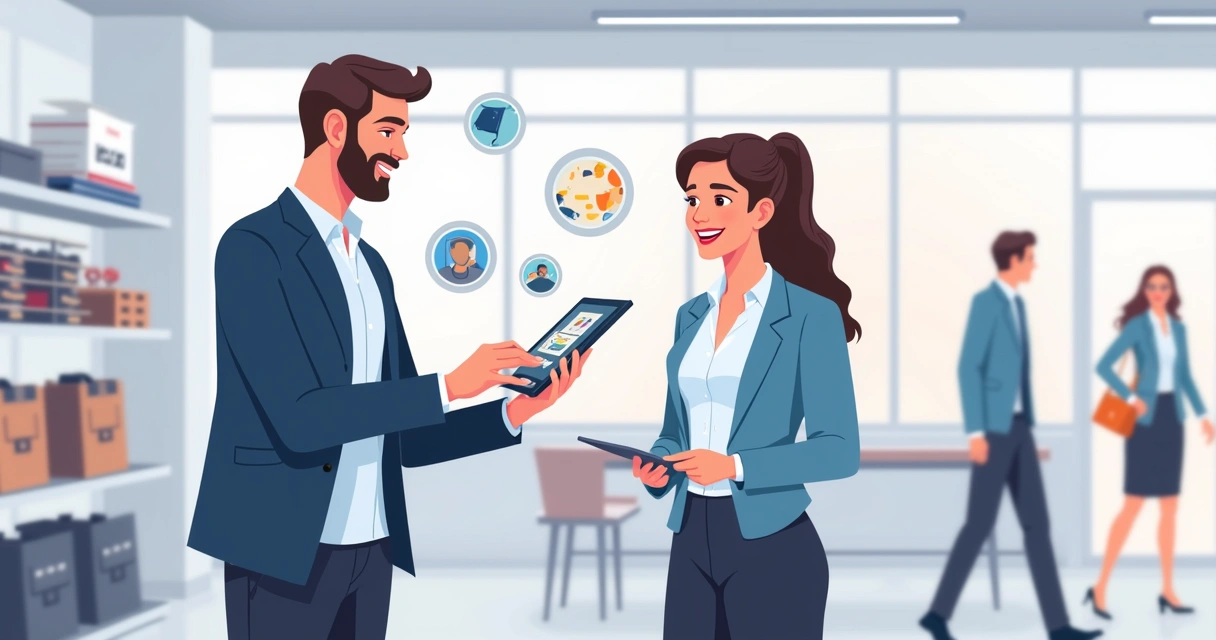 Vendedor mostrando catálogo digital atualizado para cliente 