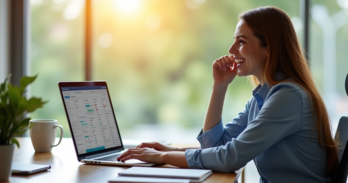 Profissional de vendas sorridente analisando leads qualificados B2B em laptop 