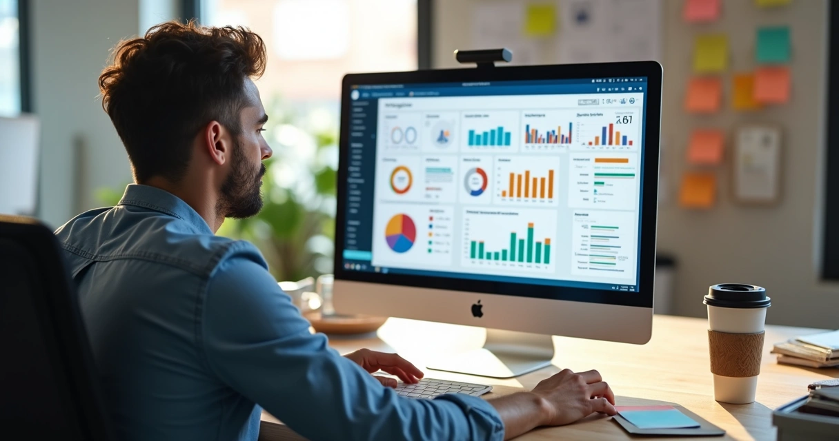 Vendedor analisando dados de vendas no computador 