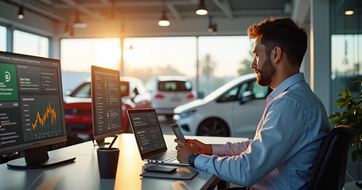 Vendedor de concessionária usando smartphone e notebook ao lado de carros em showroom 