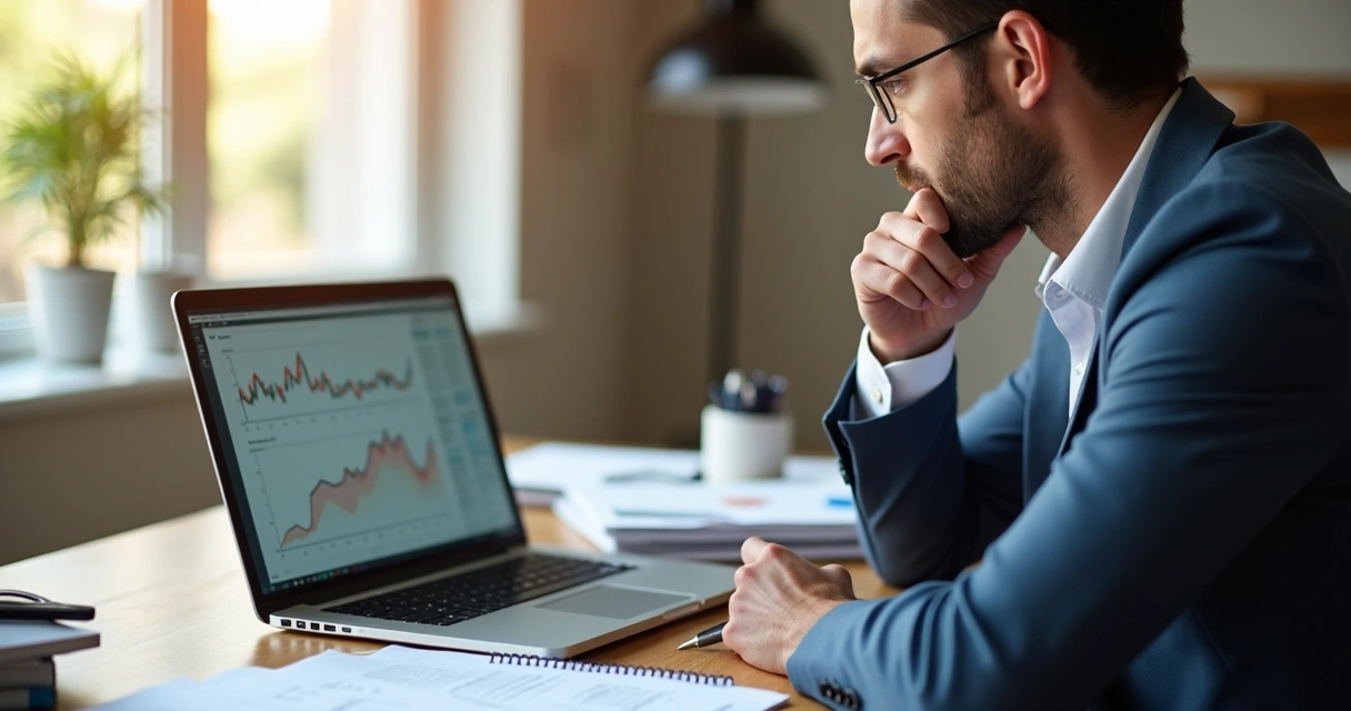 Empresário analisando dados de vendas em uma tela de notebook, anotando em papel, em um ambiente de escritório com iluminação suave.