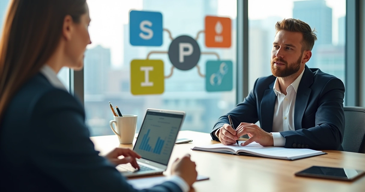 Vendedor consultivo fazendo perguntas estratégicas para cliente em reunião de negócios 