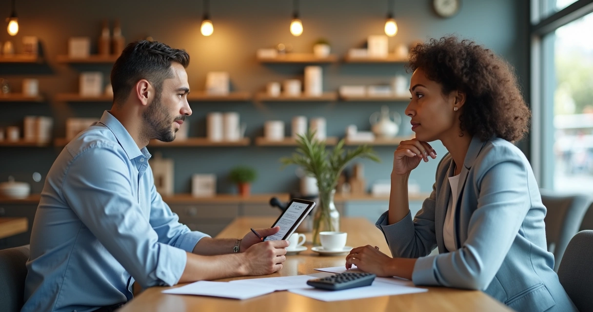 Vendedor conversando com cliente indeciso em loja de pequenos negócios 