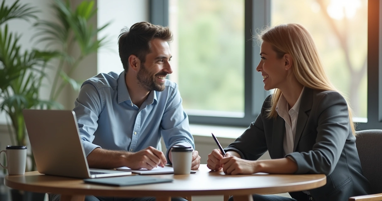 Vendedor conversando com cliente em mesa de escritório, demonstrando conexão e confiança 