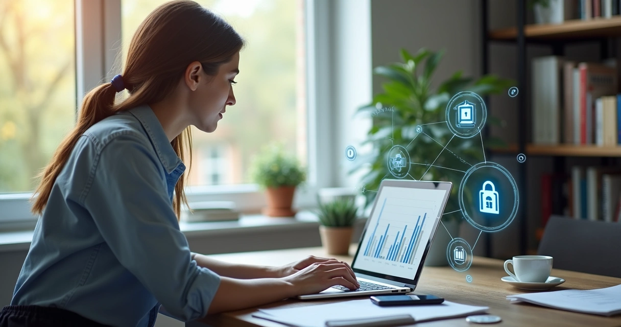 Pessoa trabalhando em home office vendendo cursos online no computador com gráficos e anotações ao redor 