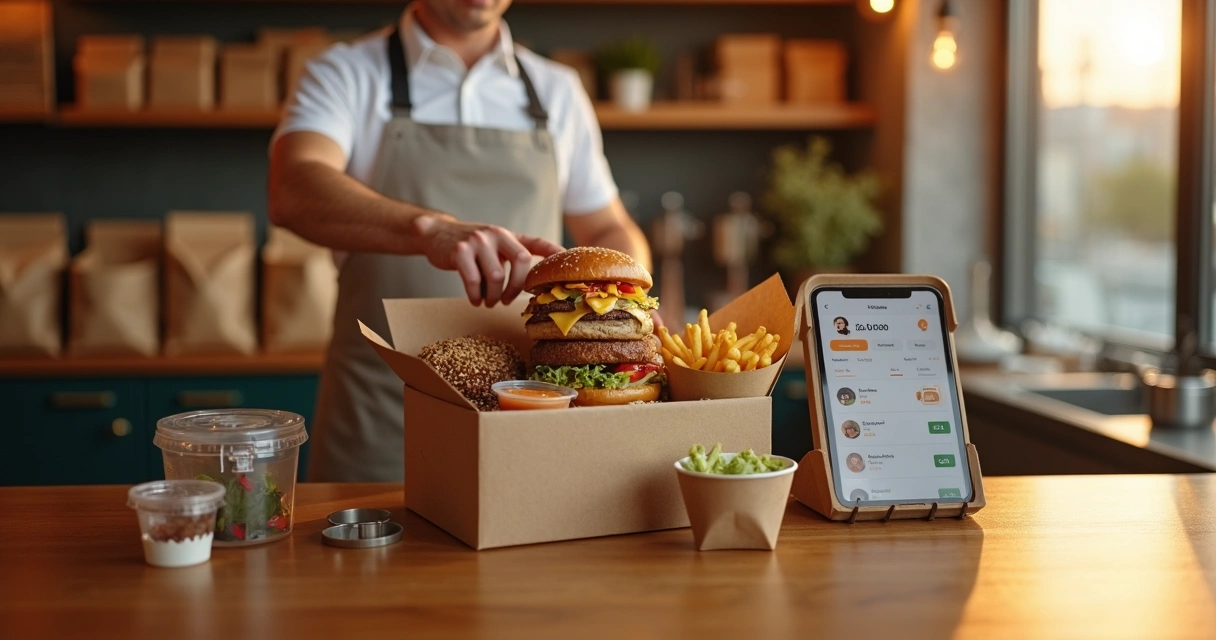 Gerente de delivery montando combo variado em balcão com tela de pedidos ao fundo 