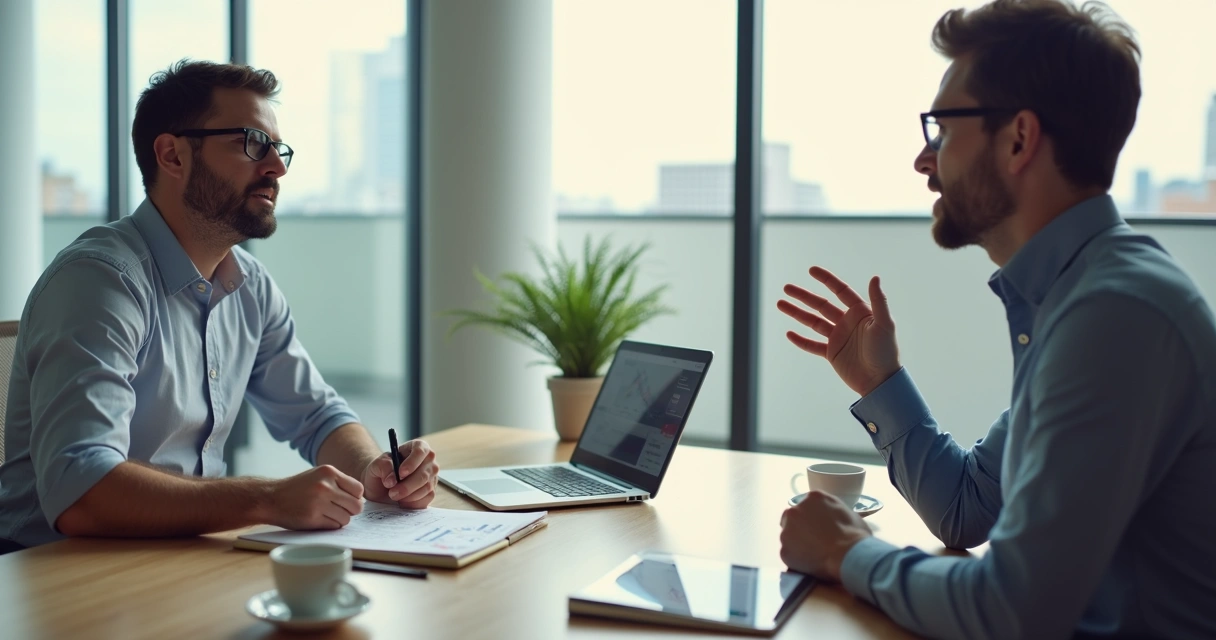 Vendedor conversando com cliente em reunião de vendas moderna 